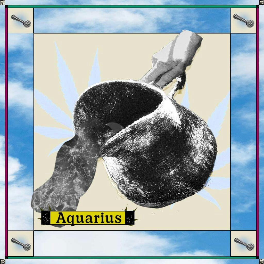 water pitcher and weed pipes on sky background with word "Aquarius"
